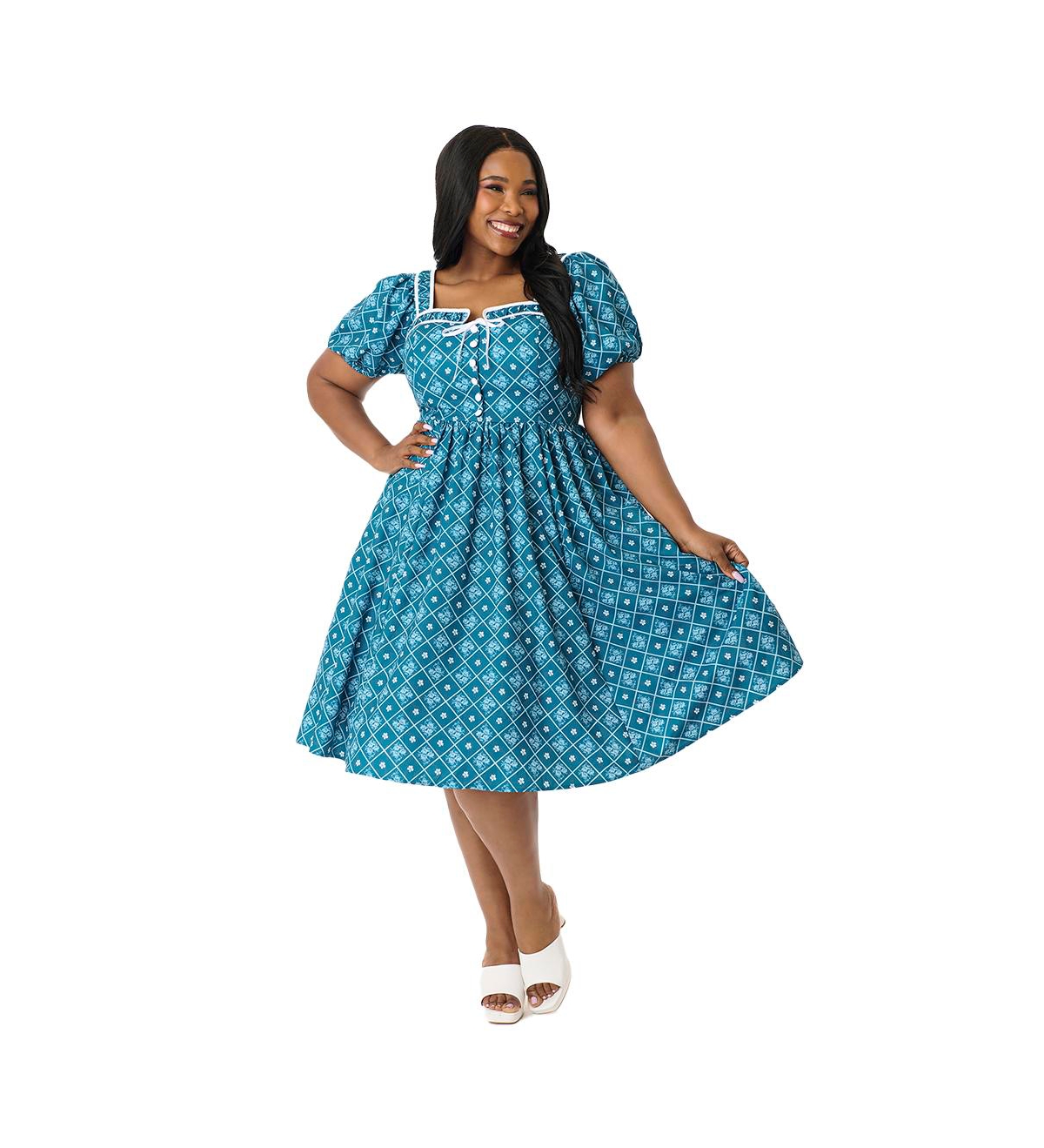 Plus Size 1940s Sweetheart Button Front Swing Dress - White lady  tramp
