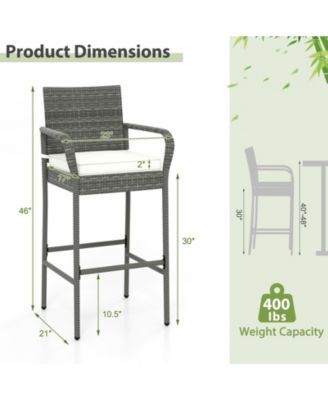 Set of 2 Patio Barstools – Wicker Outdoor Chairs with Cushions & Armrests