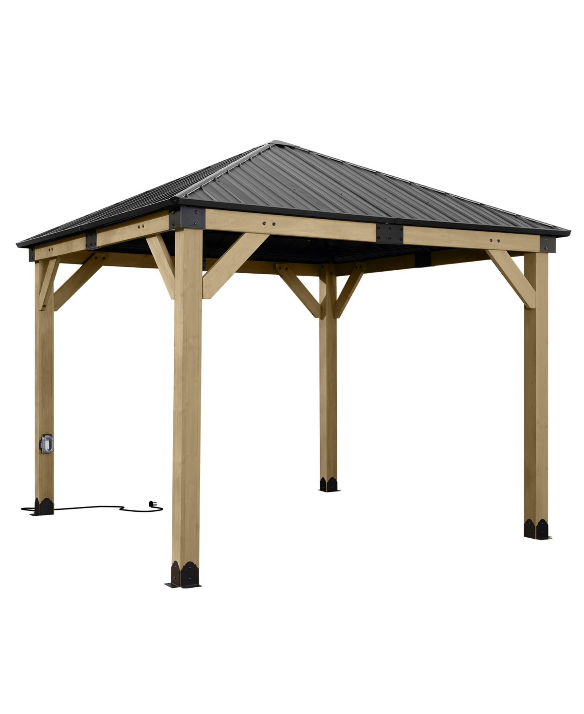 10 x 10 ft Wooden Frame Gazebo with Galvanized Metal Hardtop Roof, Outdoor Patio Gazebo with Charging Socket