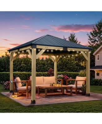 10 x 10 ft Wooden Frame Gazebo with Galvanized Metal Hardtop Roof, Outdoor Patio Gazebo with Charging Socket