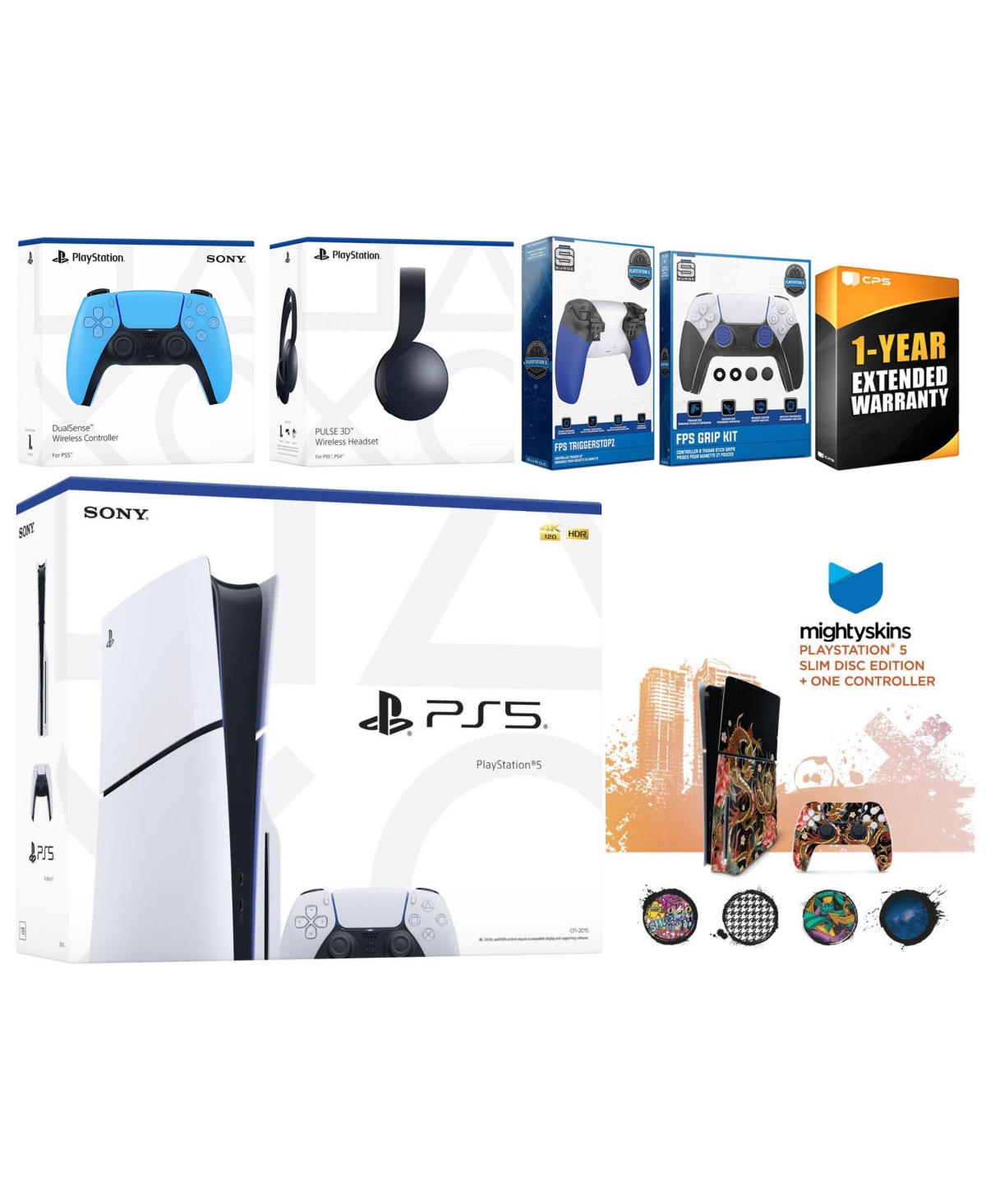 Sony Playstation 5 Slim Disc with Black Pulse Headset, Extra Controller, Trigger Stop Kit, Fps Grip Kit and MightySkins Decal Voucher + 1 Year Cps Ext