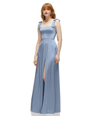 Women's Square Neck Fluid Satin Maxi Dress with Bow Straps
