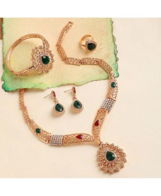 Women's Gold Teardrop Stone Necklace, Earrings, Bracelet And Ring (Set Of 4)