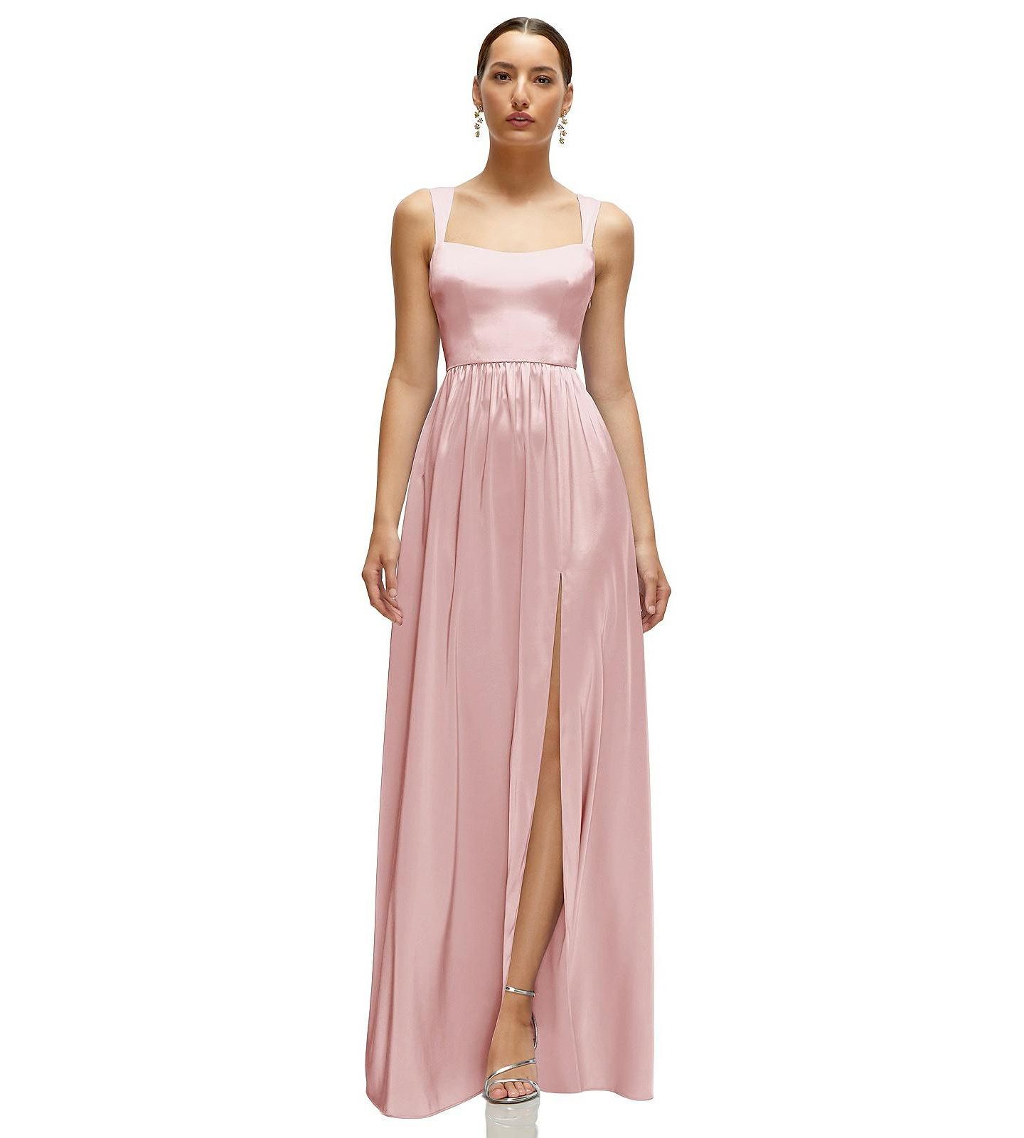 Женское платье After Six Shaped Strap Portrait Neckline Fluid Satin Maxi Dress with Full Skirt, цвет: Розовый — фото 1