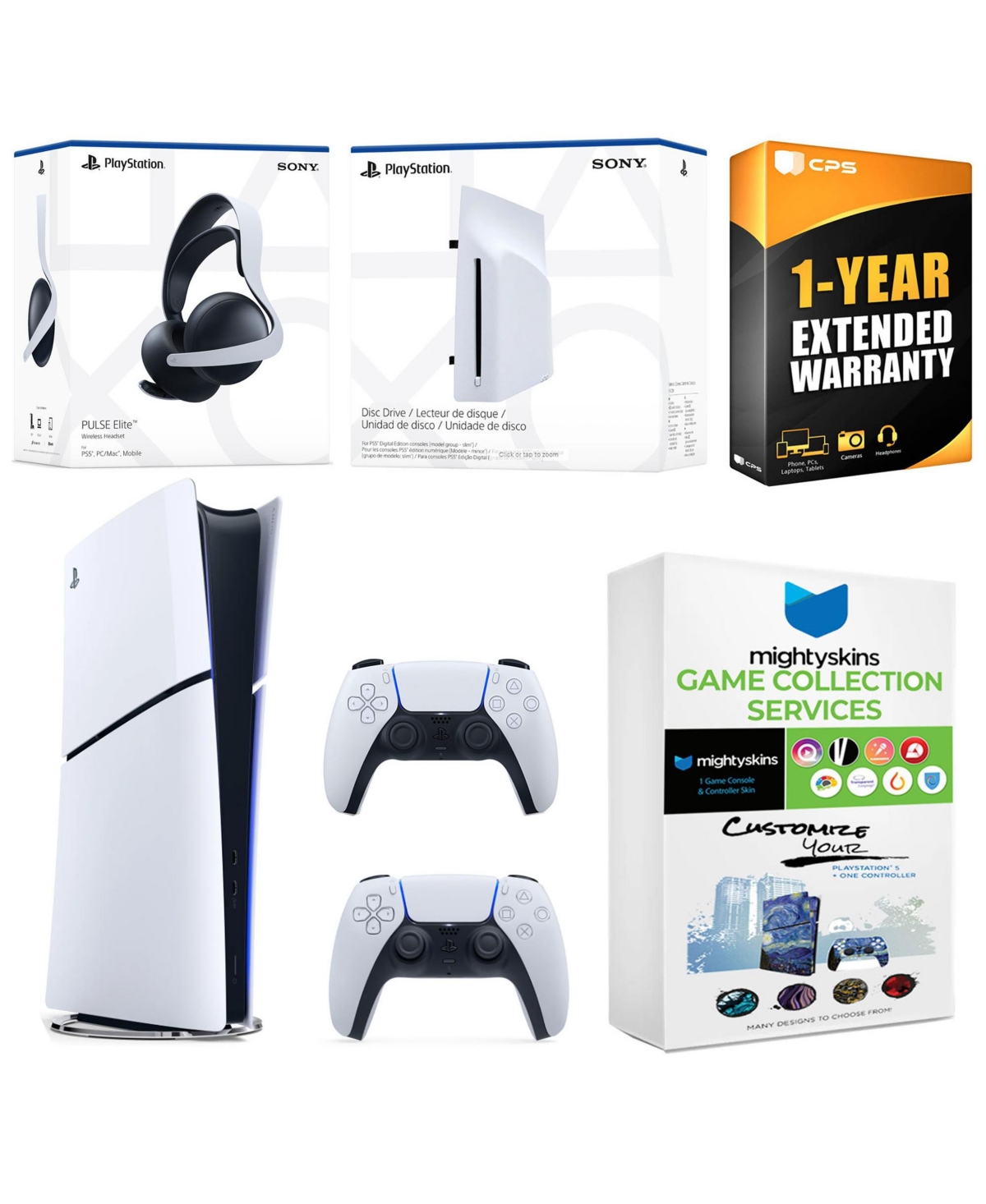 Sony PlayStation 5 Slim Digital Bundle with Disc Drive, Extra Controller, Pulse Elite Headset, MightySkins Game Collection and 1 Year Extended Warrant