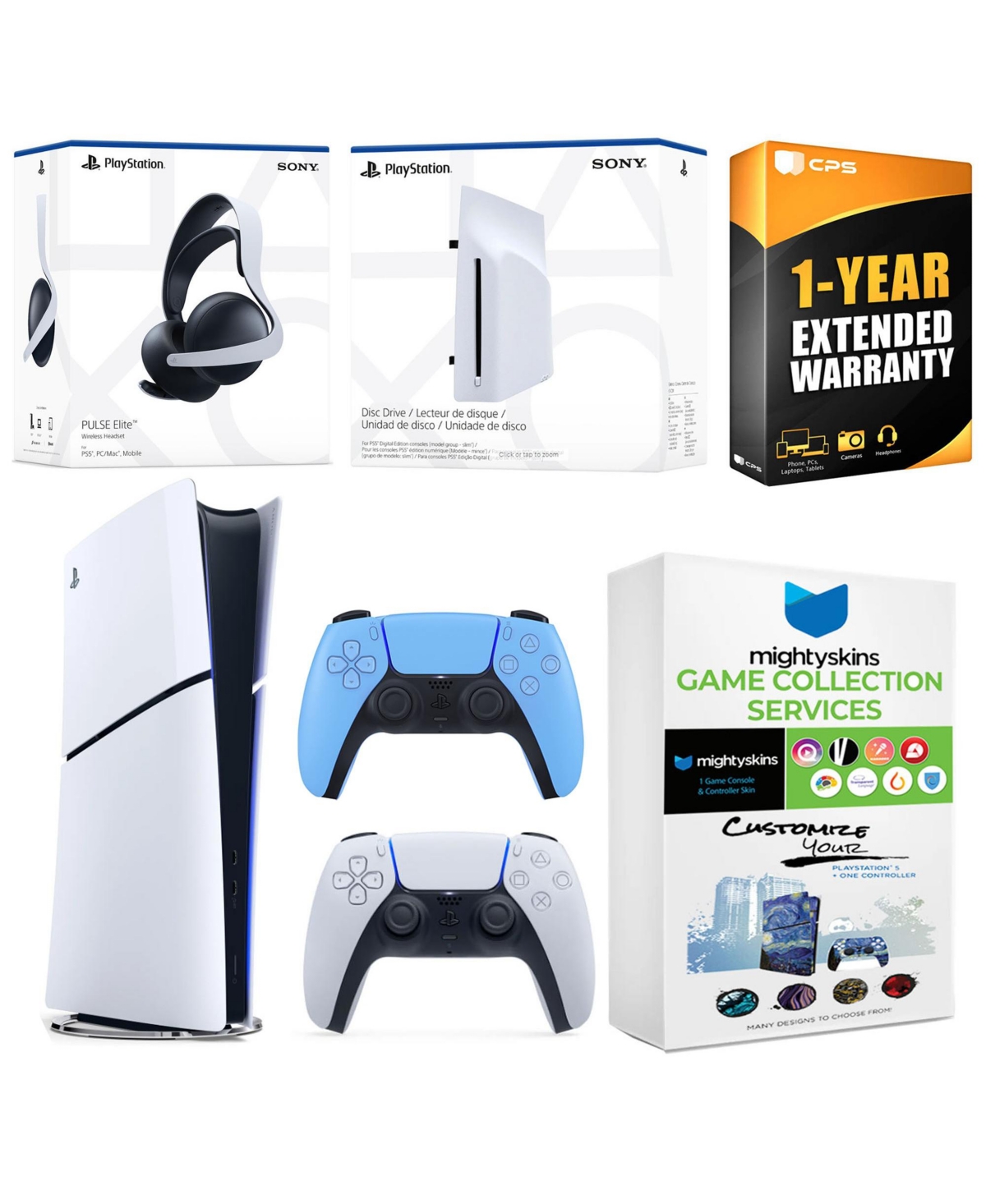 Sony PlayStation 5 Slim Digital Bundle with Disc Drive, Extra Controller, Pulse Elite Headset, MightySkins Game Collection and 1 Year Extended Warrant