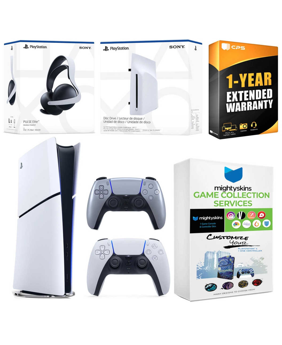 Sony PlayStation 5 Slim Digital Bundle with Disc Drive, Extra Controller, Pulse Elite Headset, MightySkins Game Collection and 1 Year Extended Warrant