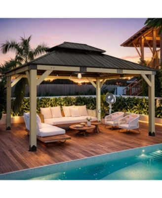 12' x 14' Wood Gazebo, Upgrade Cedar Wooden Frame Gazebo with 2-Tier Galvanized Steel Roof and Outlets for Patio, Backyard, Deck, and Lawn