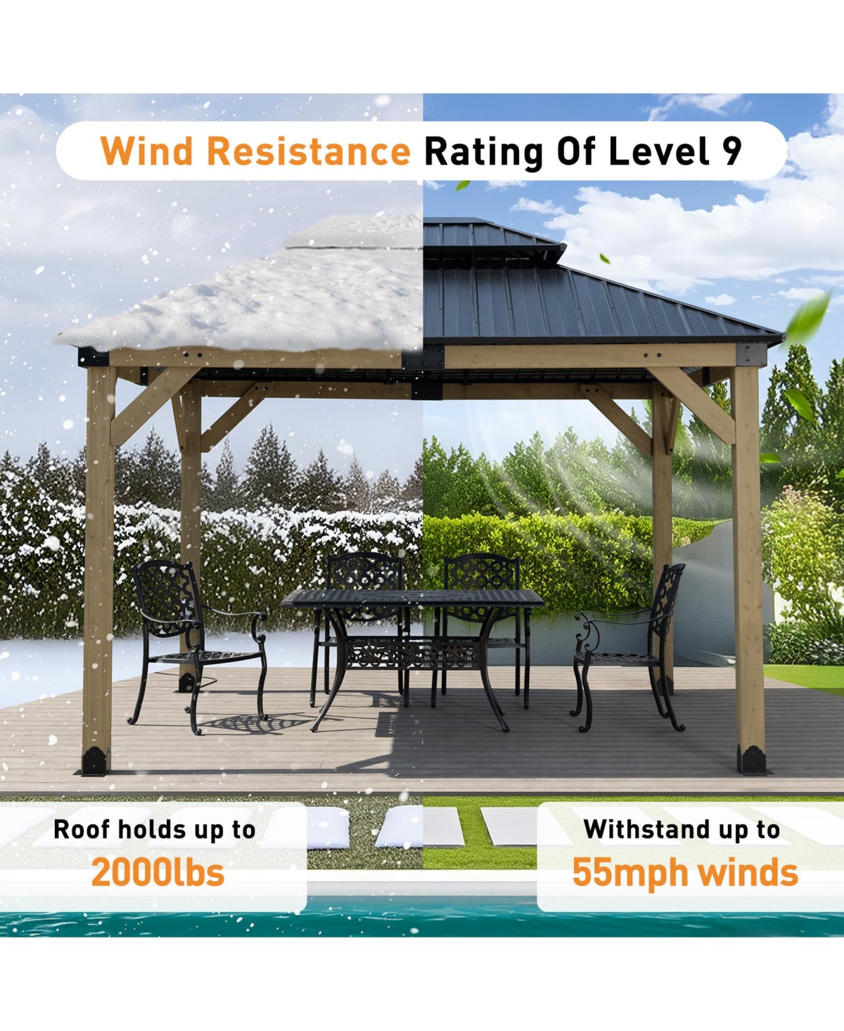 Aoodor 10 x 12 ft Wooden Frame Gazebo with 2-Tier Galvanized Metal Hardtop Roof, Outdoor Patio Gazebo with Charging Socket