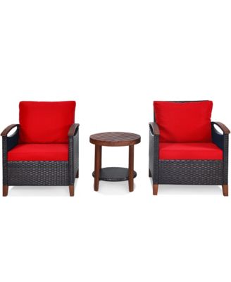 3PCS Patio Wicker Rattan Conversation Set Outdoor Furniture Set w/ Red Cushion