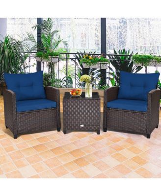3PCS Outdoor Patio Rattan Conversation Set Garden Yard w/ Navy Cushions
