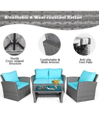 4PCS Patio Rattan Conversation Set Outdoor Furniture Set w/ Turquoise Cushions