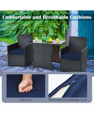3PCS Patio Wicker Bistro Set PE Rattan Dining Table Set w/ Navy Cushions