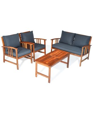 4pcs Wooden Patio Furniture Set Table and Sectional Sofa Garden