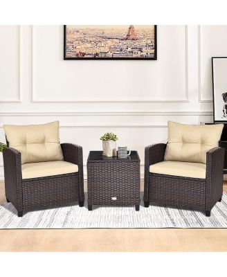 3PCS Patio Outdoor Rattan Conversation Set w/ Coffee Table Cushion