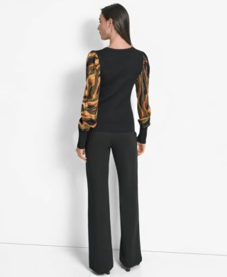 Women's V-Neck Rib-Knit Satin-Long-Sleeve