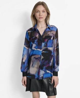 DKNY - Women's Printed Button-Front Long-Sleeve Shirt