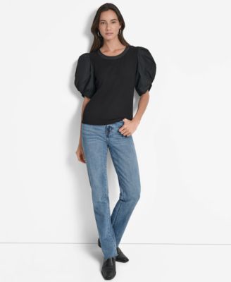 Women's Mixed-Media Taffeta Puff-Sleeve Top