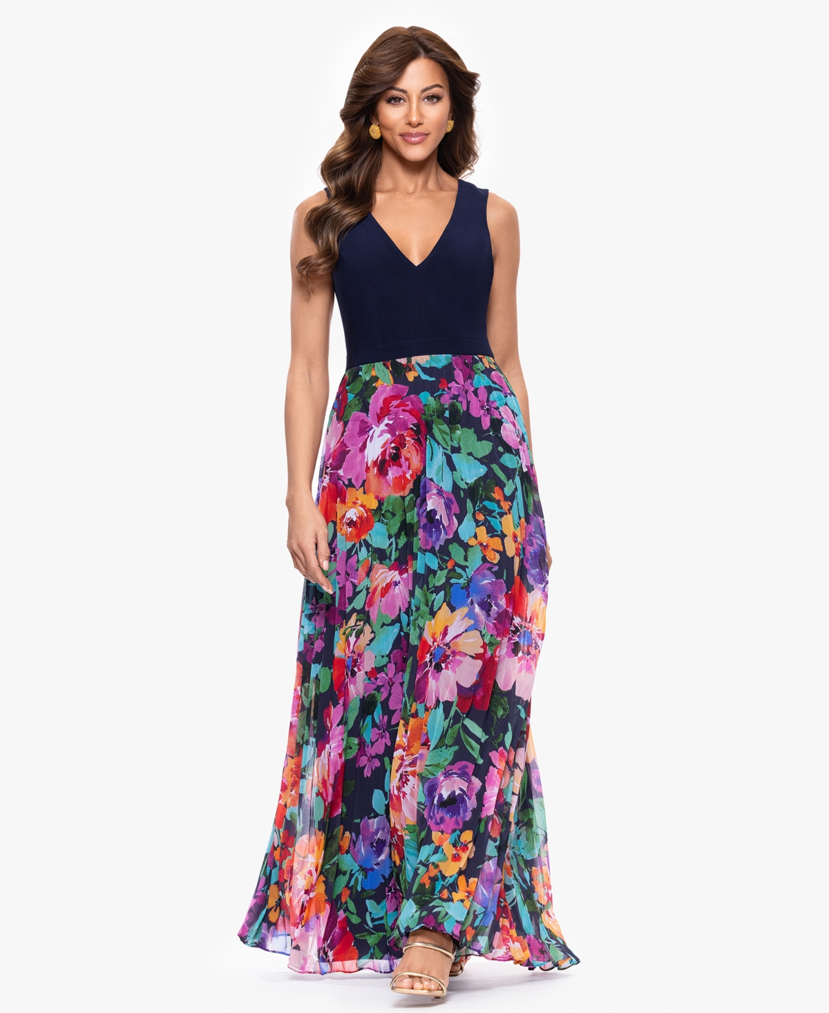 Women's V-Neck Printed-Skirt Gown - Navy Multi