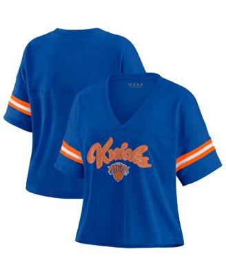 Women's Blue New York Knicks Color Block Boxy V-Neck T-Shirt