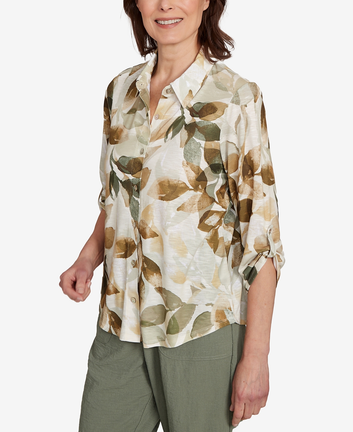 Alfred Dunner Petite Copper Canyon Knit Leaf Button Front Collared Top In Green