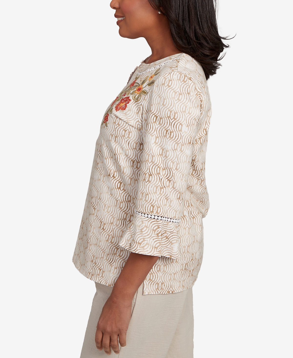 Alfred Dunner Petite Copper Canyon Printed Floral Bell Sleeve Embroidered Top In Nude