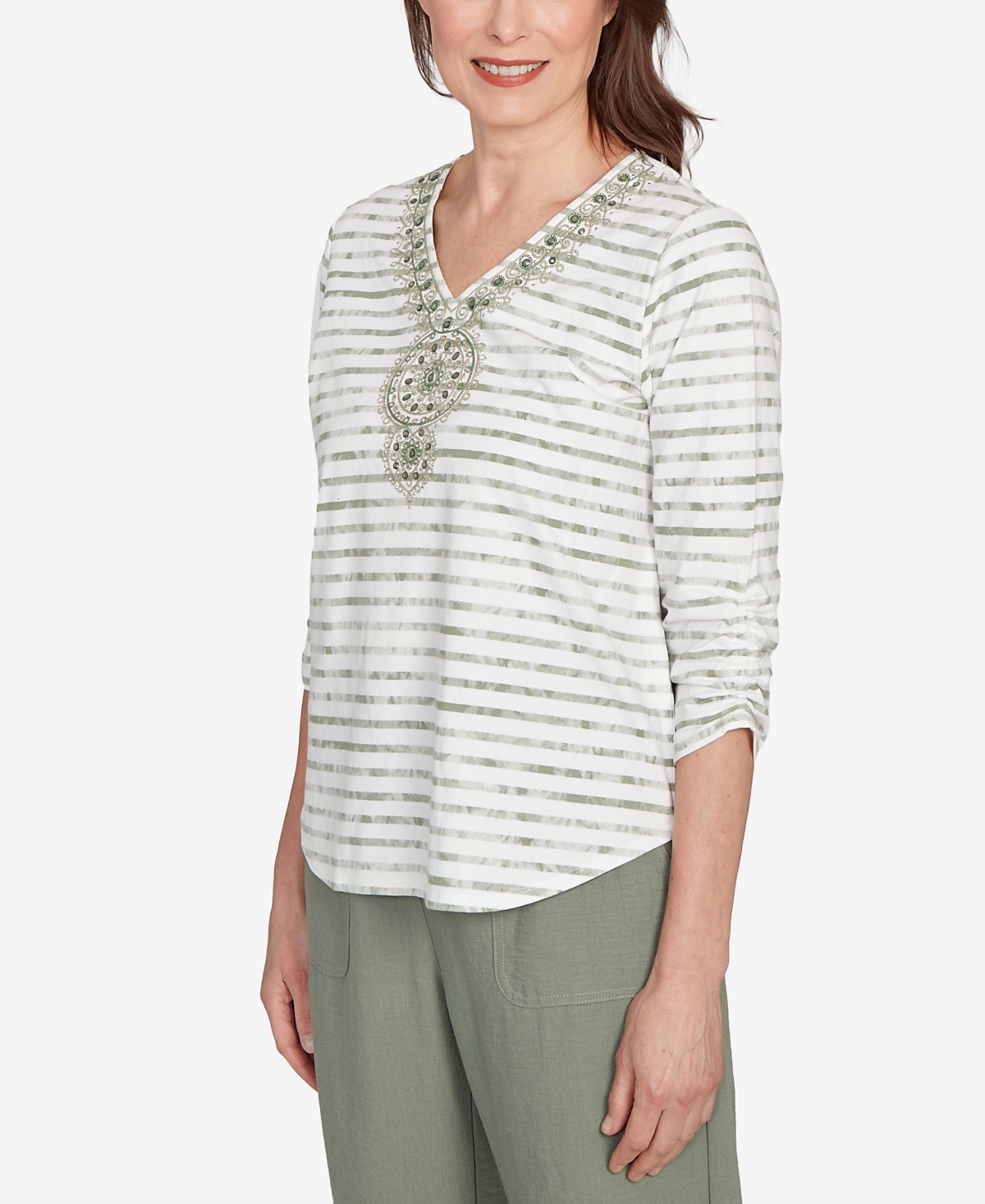 Alfred Dunner Petite Copper Canyon Textured Medallion Neckline Top In Multi