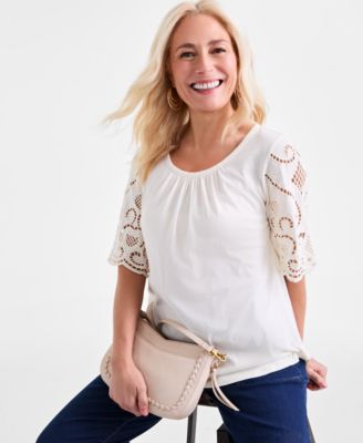 Women's Crewneck Eyelet-Sleeve Knit, Exclusively at Macy's  