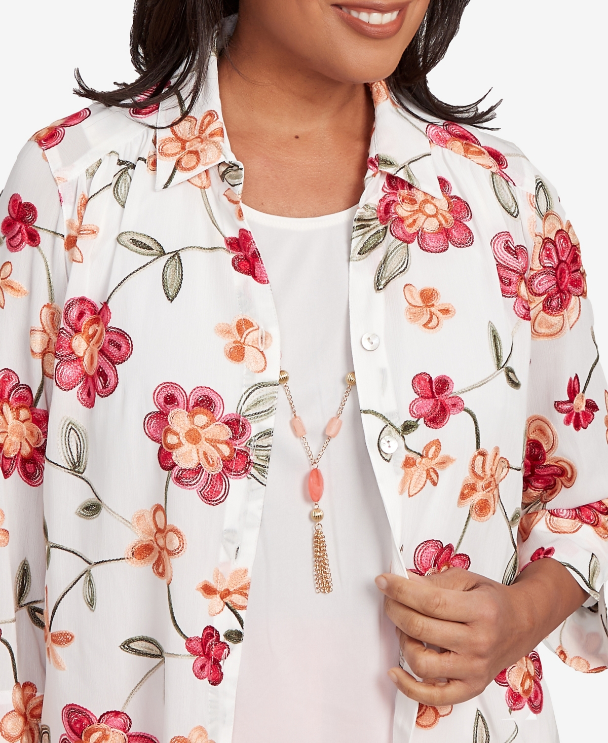 Alfred Dunner Women's Catalina Island Bright Floral Two In One Top With Necklace
