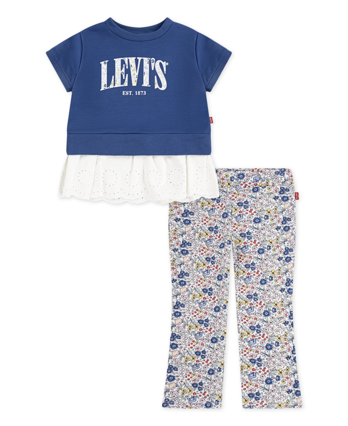 Levi's Kids' Little Girls 2-piece Eyelet Crewneck Top And Flared Leggings Set