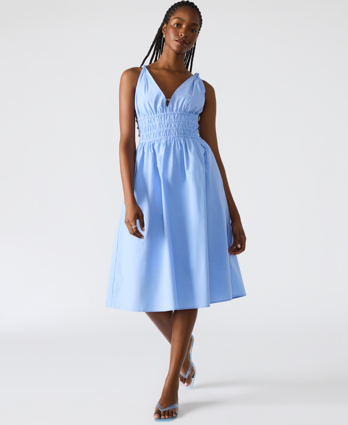 Steve Madden Kassie Bead Detail Smock Waist Cotton Midi Dress In Blue