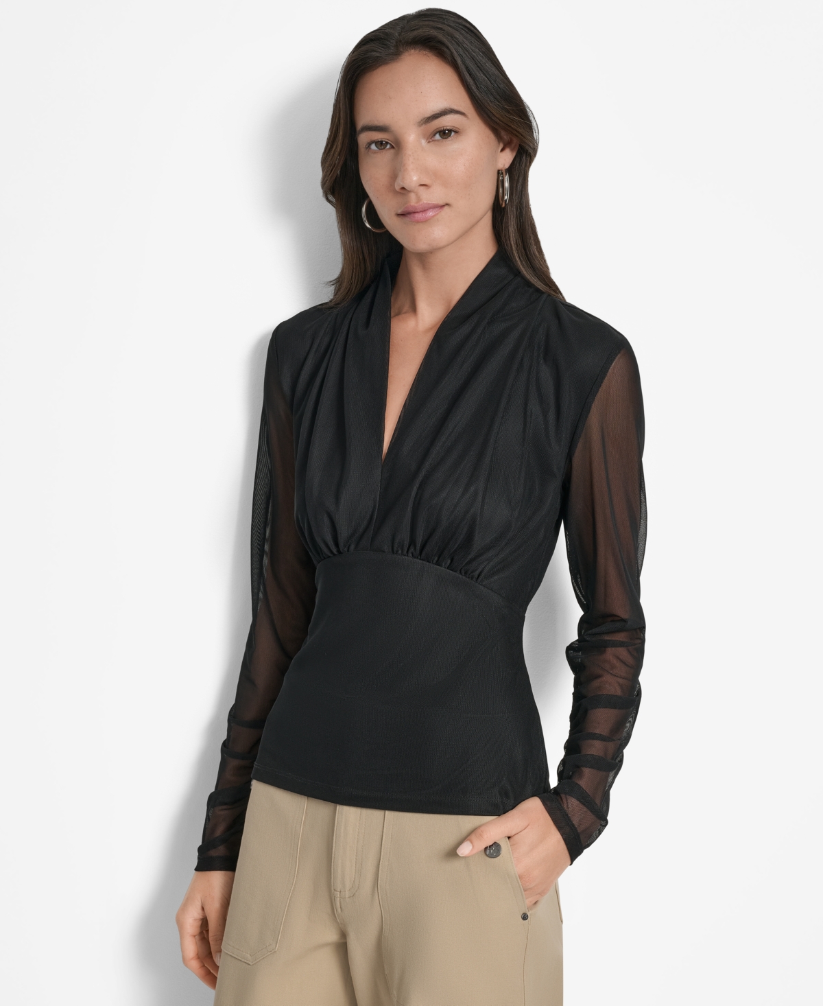 Dkny Women's Mesh V-neck Long-sleeve Top In Black