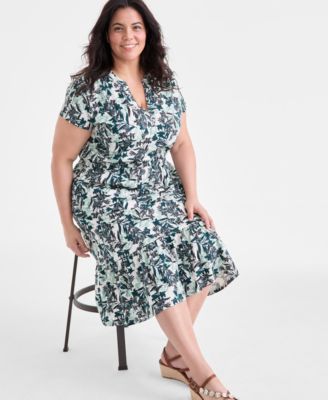 Plus Size Textured Printed V-Neck Midi Dress, Exclusively at Macy's 