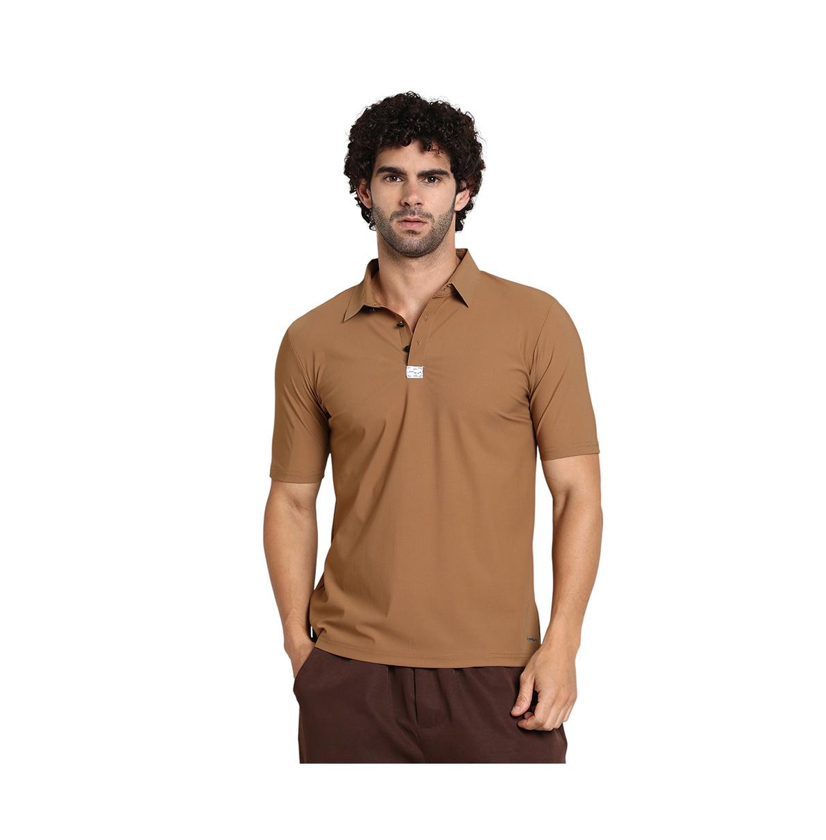 Men's Tan Brown Seamless Waffle Polo T-Shirt - Brown