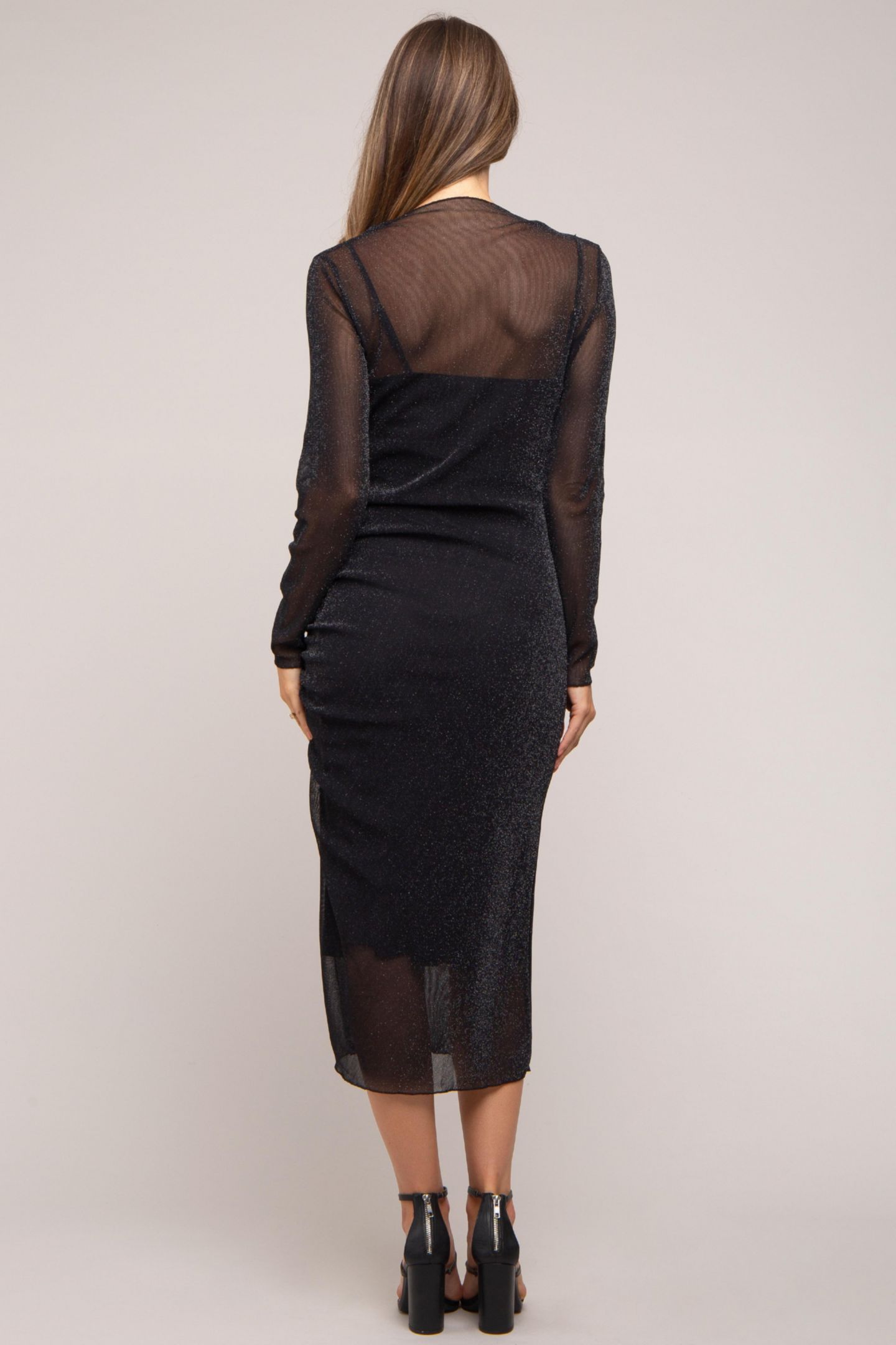 Женское платье Pinkblush Brown Shimmer Mesh Long Sleeve Ruched Midi, цвет: Чёрный — фото 5