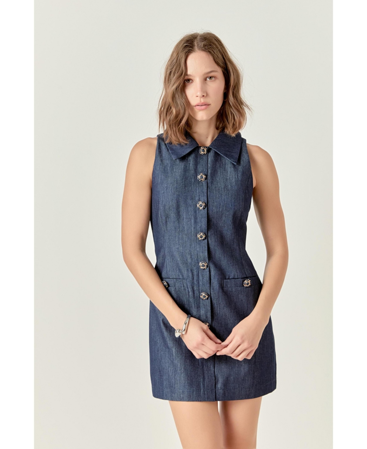 Women's Denim Collared Mini Dress - Navy denim