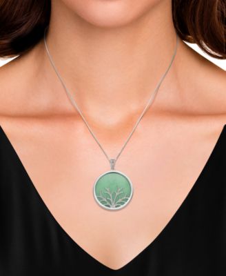 Dyed Green Jade Round Disc Tree 18" Pendant Necklace in Sterling Silver