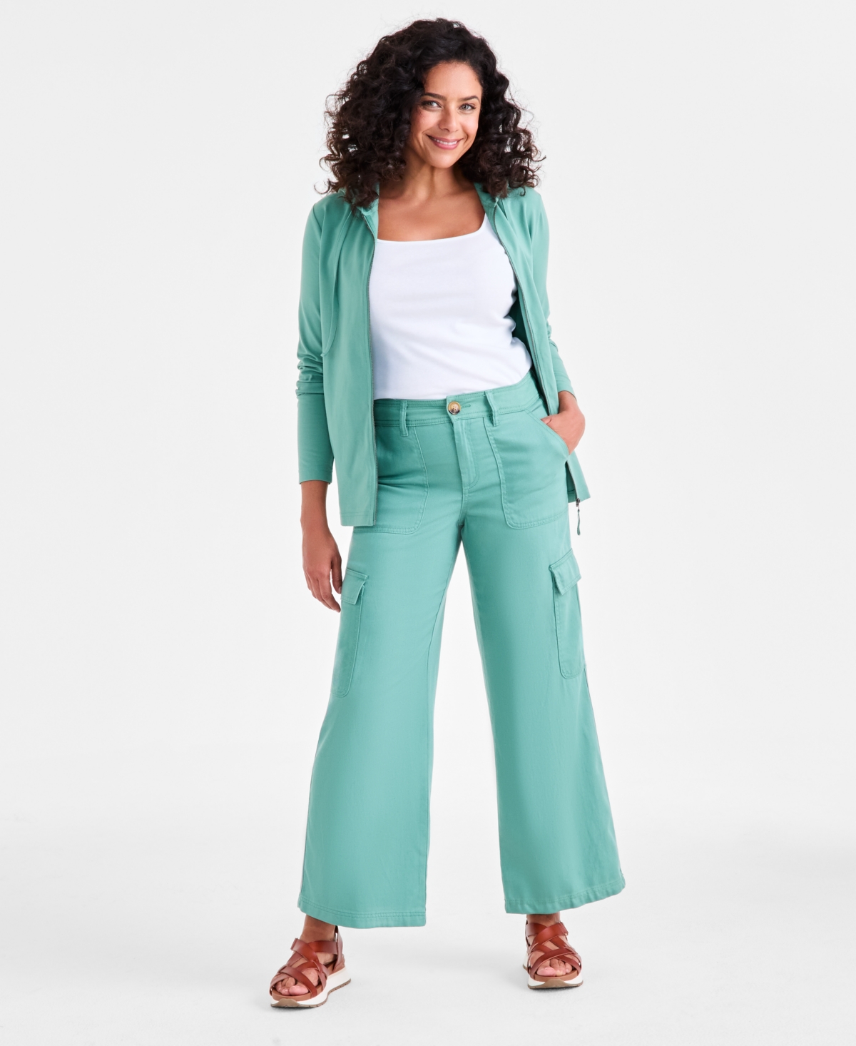 Women's Mid Rise Wide-Leg Cargo Pants, Macy's Exclusive - Kendal Green