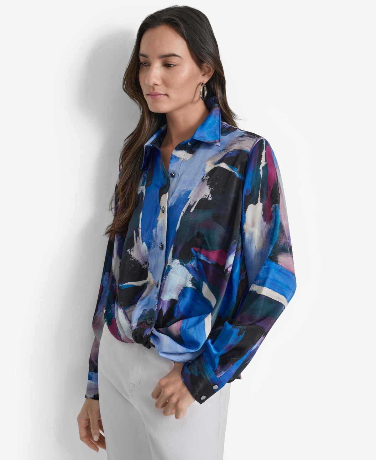 Dkny Printed Satin Button-up Shirt In Blue