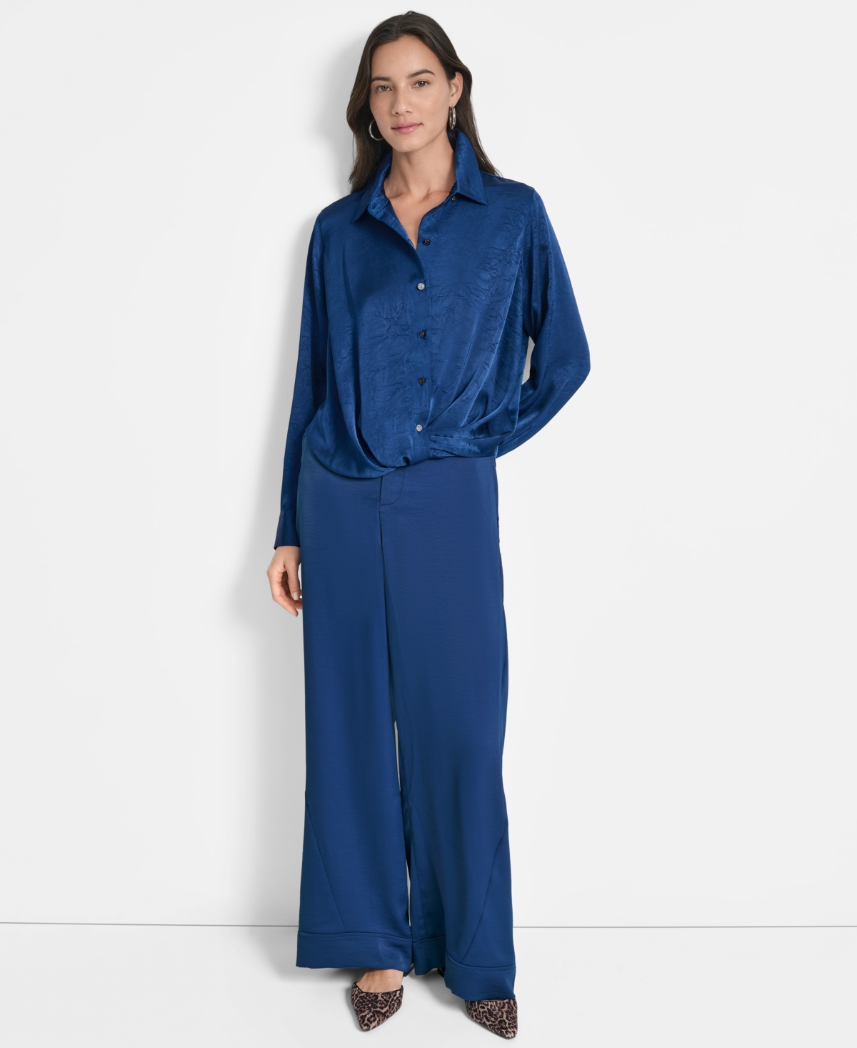 Dkny Twist Front Crinkle Satin Shirt In Blue