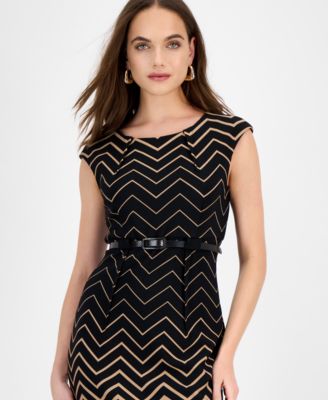 Women's Ottoman Chevron-Print Belted Dress