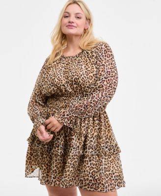 Trendy Plus Leopard-Print Smocked-Waist Long-Sleeve Dress, Macy's Exclusive