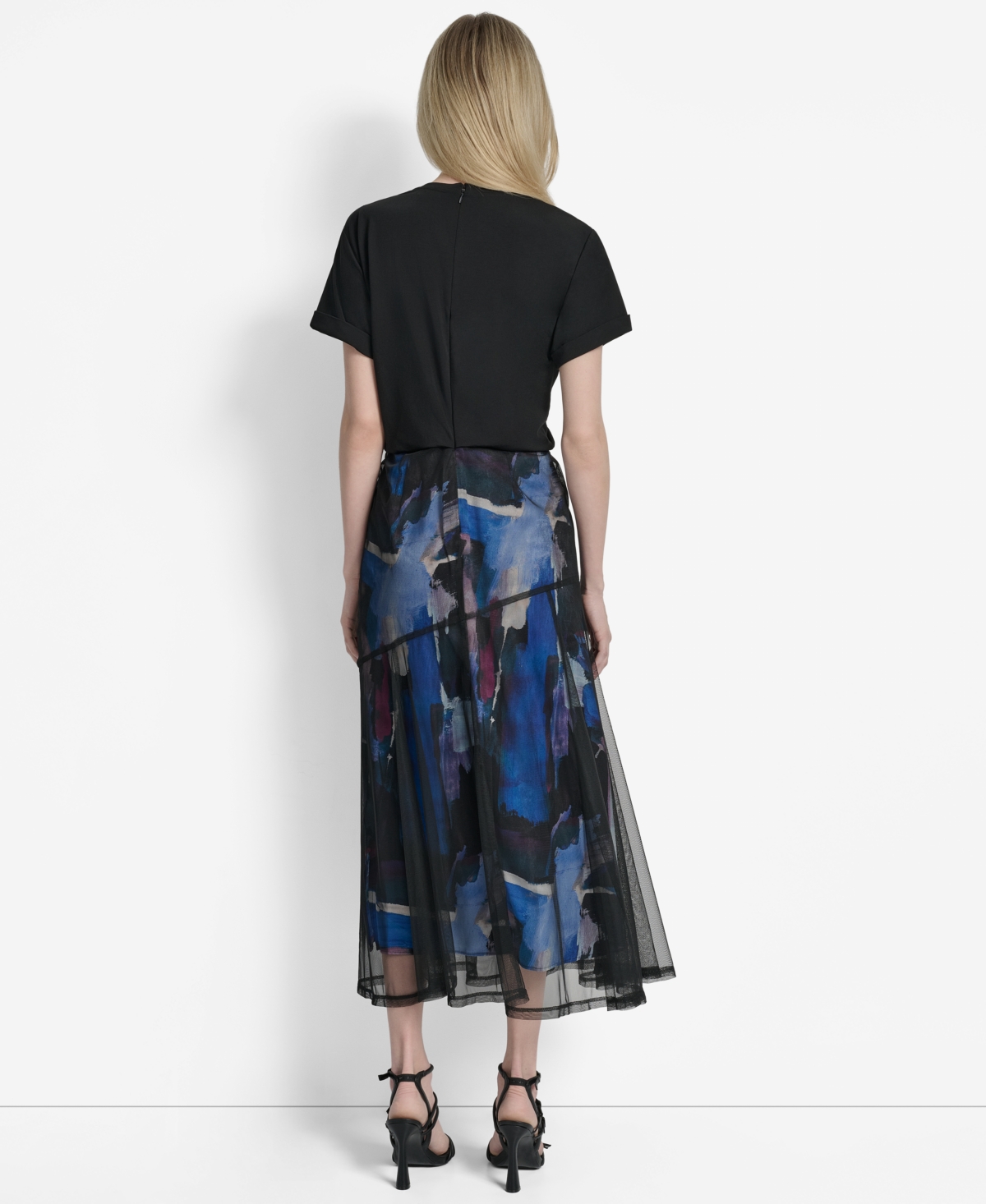 Dkny Print Skirt Mixed Media Dress In Black