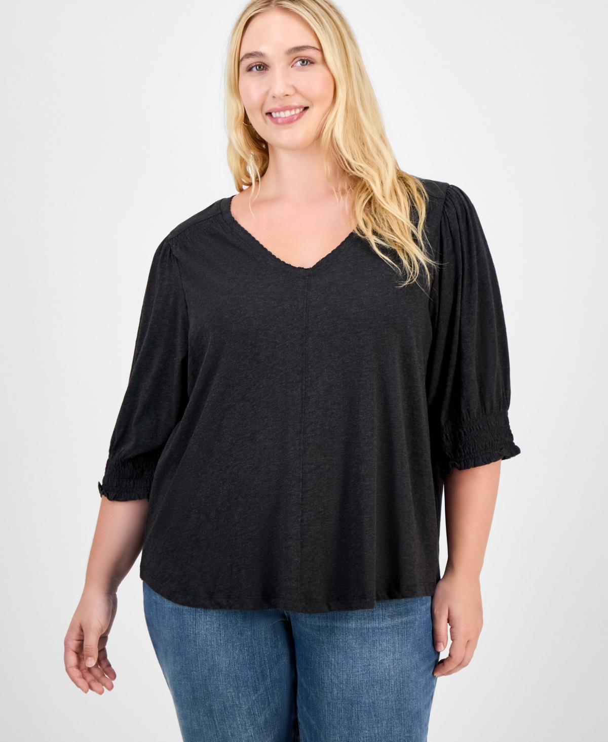 Democracy Trendy Plus Elbow-sleeve Smocked-cuff Blouse In Black