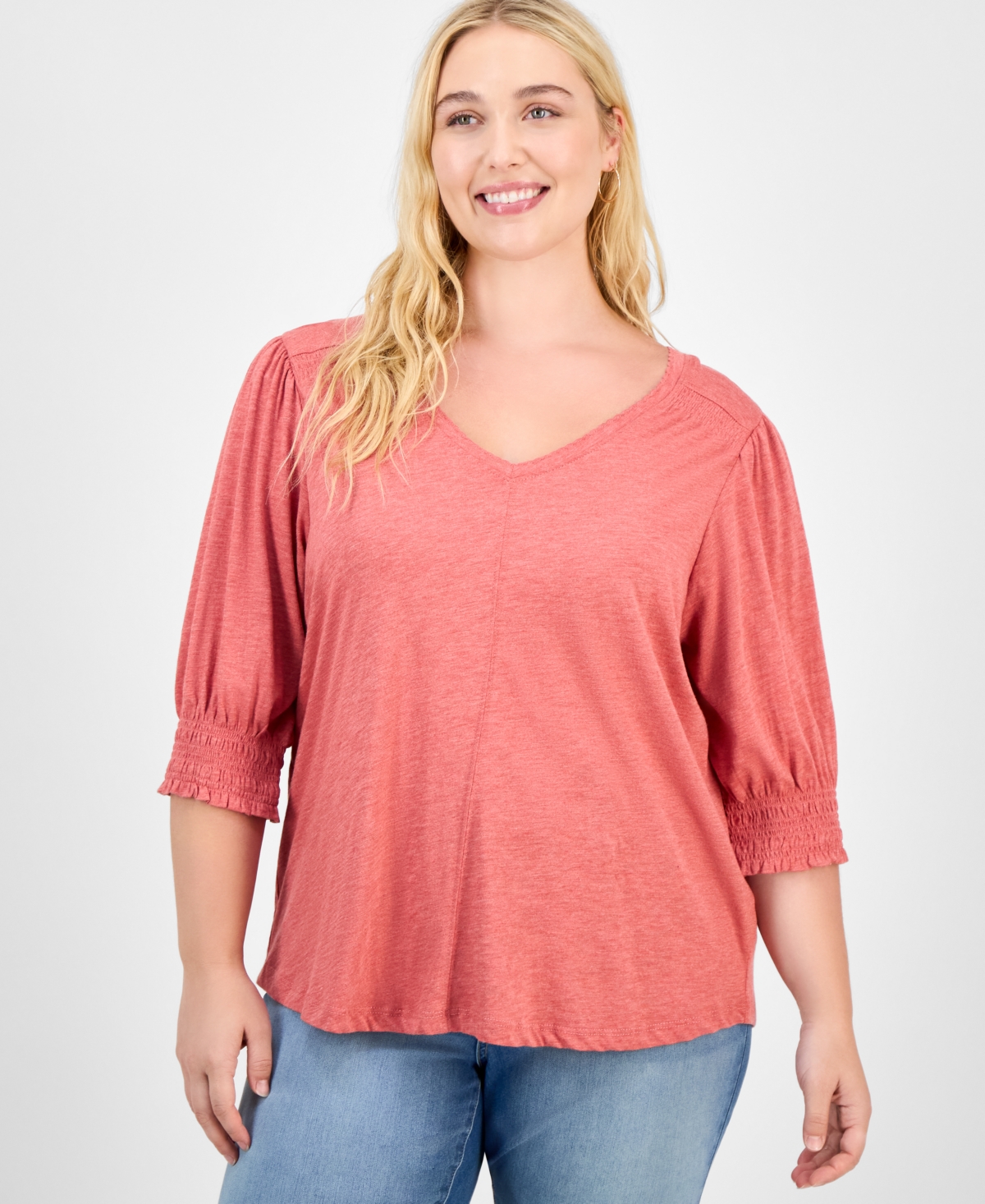Democracy Trendy Plus Elbow-sleeve Smocked-cuff Blouse In Pink