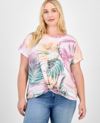 Democracy - Trendy Plus Printed Twist-Front Short-Sleeve Top