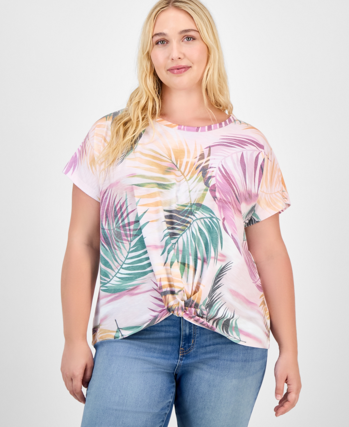 Democracy Trendy Plus Printed Twist-front Short-sleeve Top In Multi