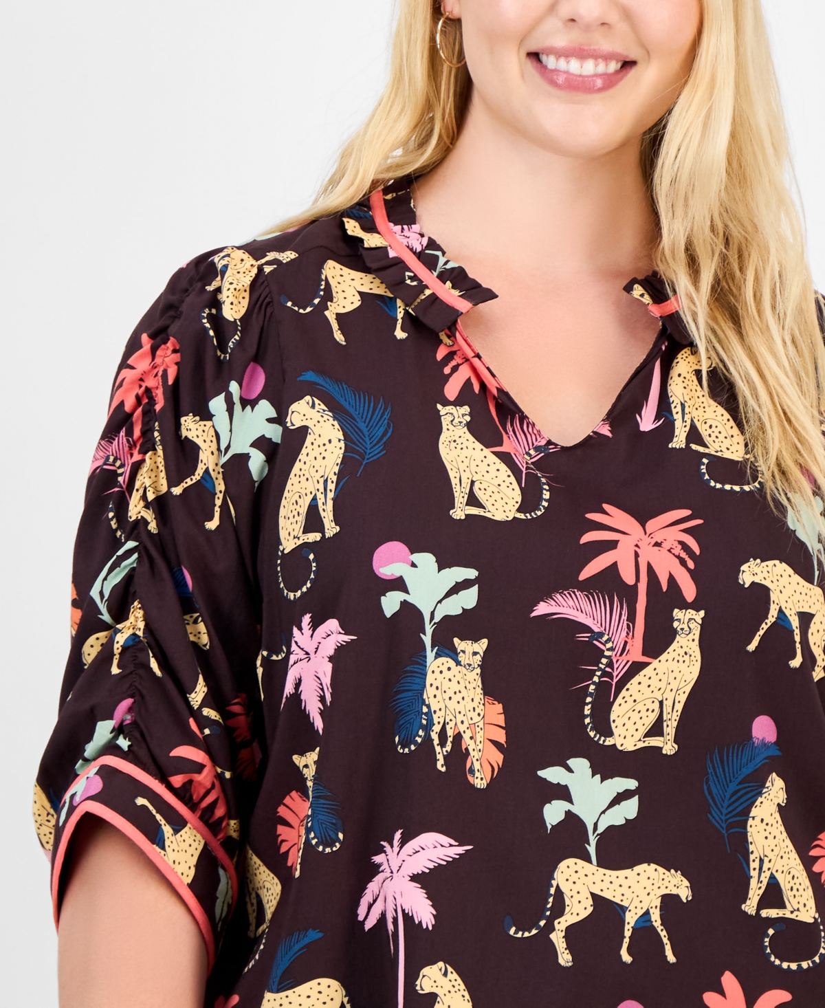 Democracy Trendy Plus Printed Elbow-sleeve Split-neck Top In Brown