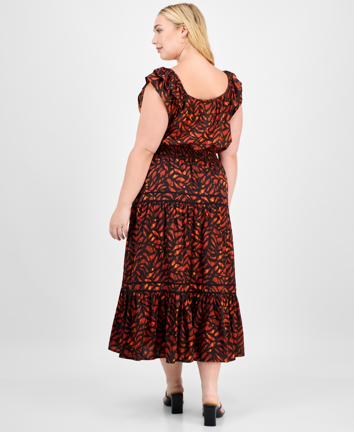 Democracy Trendy Plus Flutter-sleeve Tiered Midi Dress In Brown