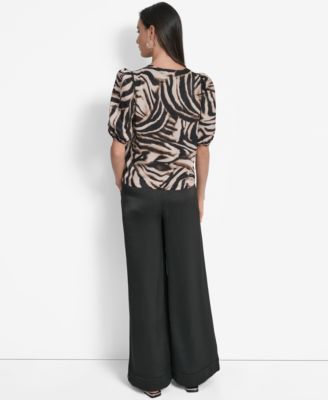 Women's Printed Satin Puff-Sleeve Zipper Top